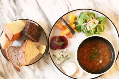 Vegetable soup meal and assortment of breads